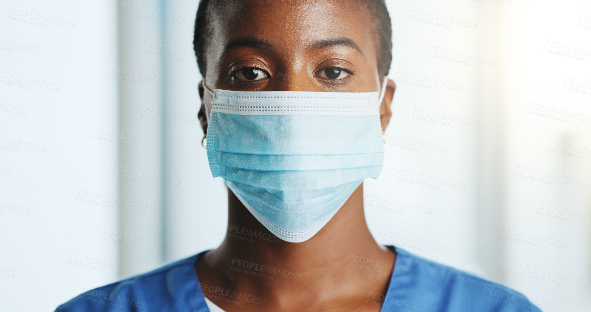 Buy stock photo Mask, nurse and portrait of woman in hospital for protection, hygiene and prevention. Healthcare, medical service and face of African person with ppe for safety from bacteria, germs and infection
