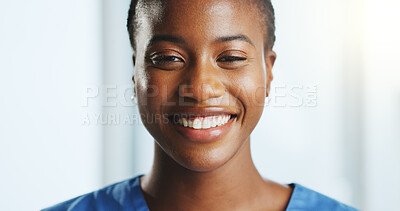 Buy stock photo Nurse, black woman and portrait with smile for healthcare service, help or support in hospital. Female person, doctor or happy caregiver with positive attitude for job or medical assistance in clinic