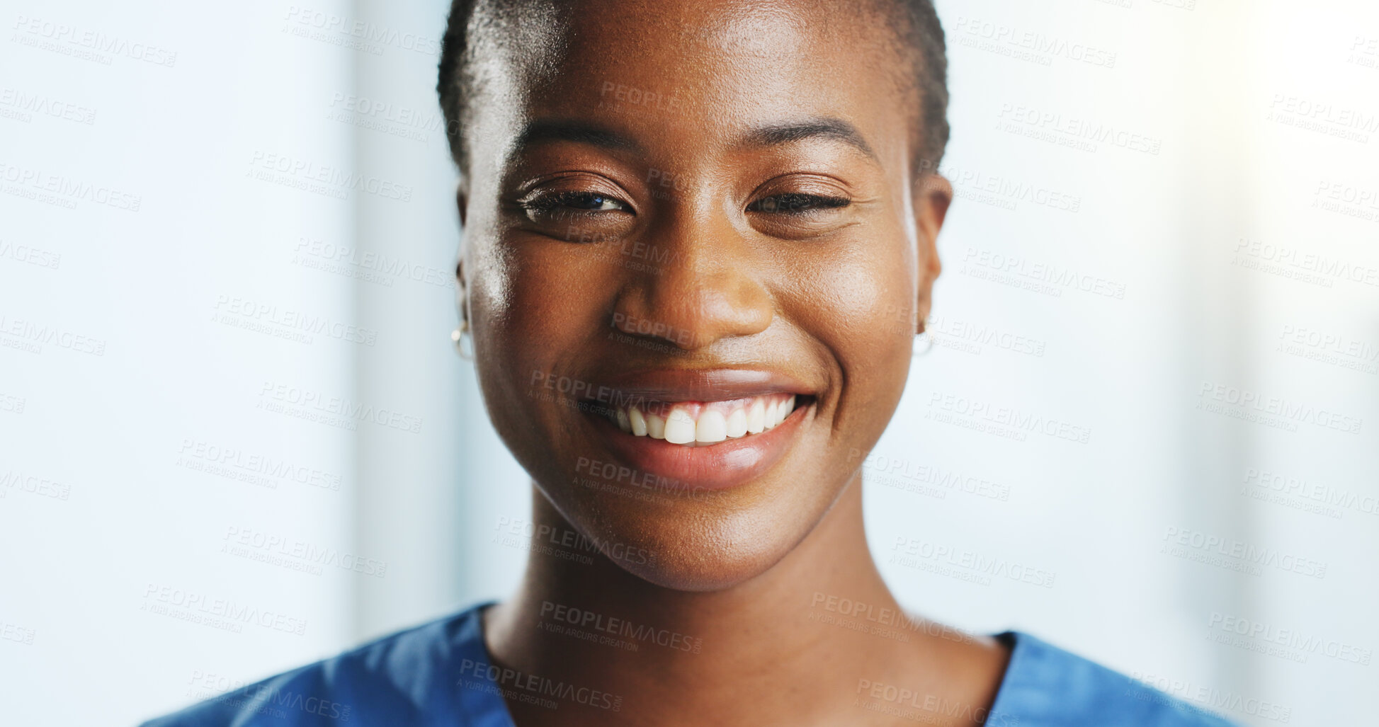 Buy stock photo Nurse, black woman and portrait with smile for healthcare service, help or support in hospital. Female person, doctor or happy caregiver with positive attitude for job or medical assistance in clinic