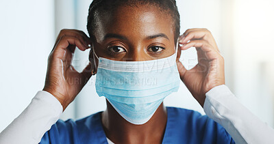 Buy stock photo Mask, nurse and portrait of black woman in hospital for protection, hygiene and prevention. Healthcare, medical service and face of person with ppe for safety from bacteria, germs and infection