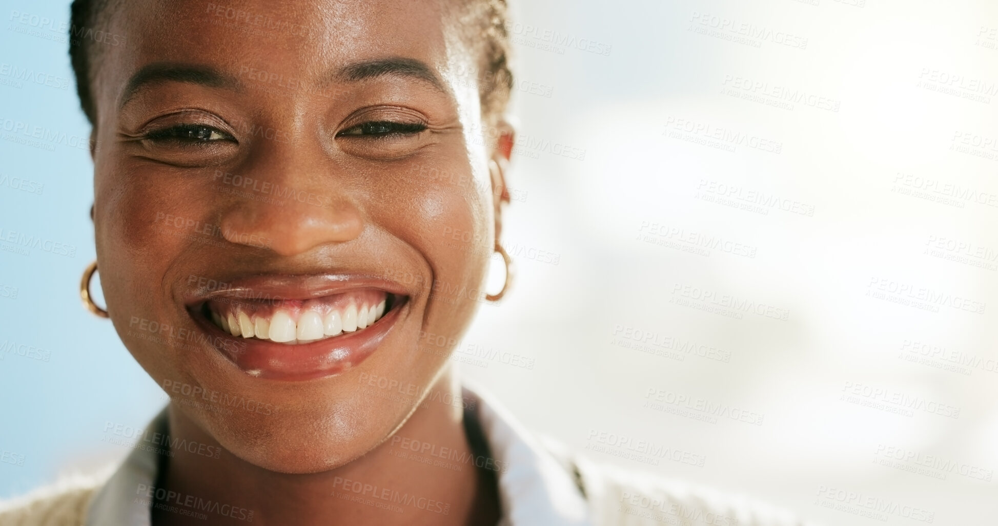 Buy stock photo Portrait, dental hygiene and black woman with smile, results and teeth whitening. African person, space and wellness with oral health, beauty and aesthetic with fresh breath, pride and remove plaque