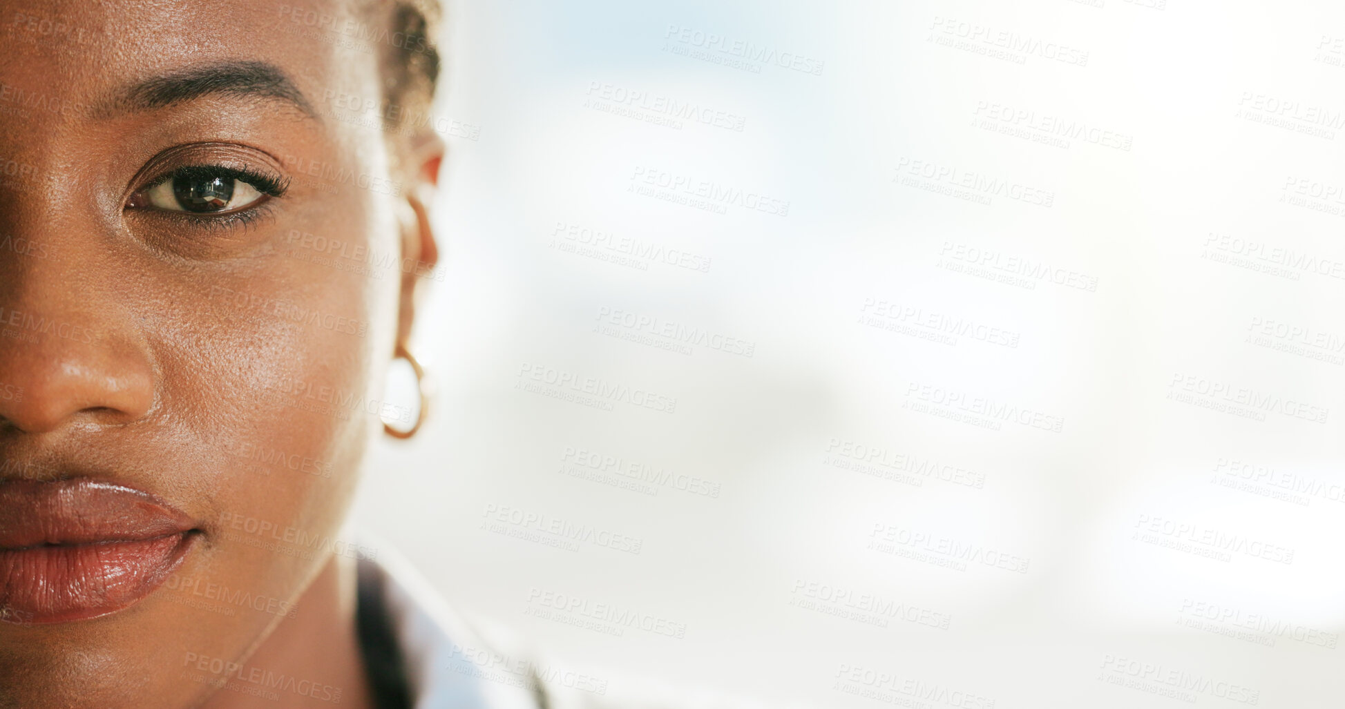 Buy stock photo Woman, portrait and space for optometry, eye care and vision with wellness, retina or test at clinic. African person, face and ophthalmology for healthy eyesight, closeup and confidence in Nigeria