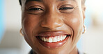 Happy, dental health and portrait of black woman with teeth smile for hygiene or fresh breath. Excited, oral care and face of African female person with prevention of plaque, wellness or health.