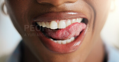 Buy stock photo Dental hygiene, mouth and woman with smile, tongue and gum cleaning with teeth whitening. Closeup, fresh breath and person with oral health, confidence and wellness with pride and satisfaction