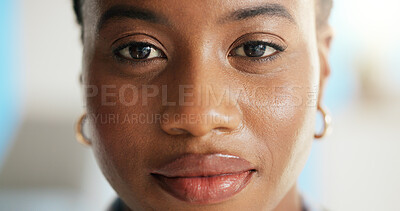 Buy stock photo Black woman, closeup and portrait for eye care, optometry and smile with pride for vision at clinic. African person, face and confidence with visual wellness, eyesight and optical assessment in Kenya