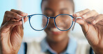 Hands, glasses and optometrist with test for eye care, vision and prescription with pov at clinic. Person, ophthalmology and spectacles for visual wellness, eyesight and view with optical assessment