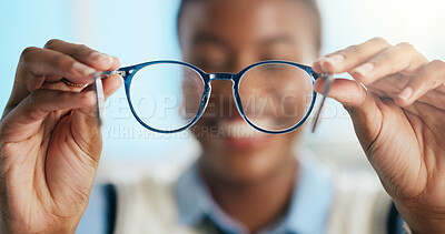 Buy stock photo Hands, glasses and optometrist with test for eye care, vision and prescription with pov at clinic. Person, ophthalmology and spectacles for visual wellness, eyesight and view with optical assessment