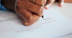 Hands, paperwork and signature for legal agreement or contract in office with professional person. Employee, document or sign application form for partnership, writing or information in closeup
