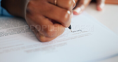 Buy stock photo Hands, paperwork and signature for legal agreement or contract in office with professional person. Employee, document or sign application form for partnership, writing or information in closeup