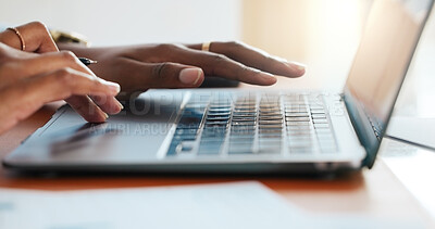 Buy stock photo Hands, person and scroll on laptop in office for creative writing, editing article and proofreading. Journalist, pc and review email for editor feedback, research story and information on publication