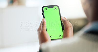 Buy stock photo Green screen, hands and phone with accountant person at desk in office for financial research. App, display and mockup with business employee in workplace for communication, finance or networking