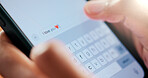 Hands, person and phone screen for typing text, communication and online dating. Woman, mobile app and keyboard for romantic message, heart emoji and information with networking notification for love