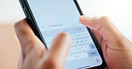 Hands, person and phone screen for typing message, communication and texting inquiry. Woman, mobile and keyboard for contact feedback, online chat update and ui information of networking notification