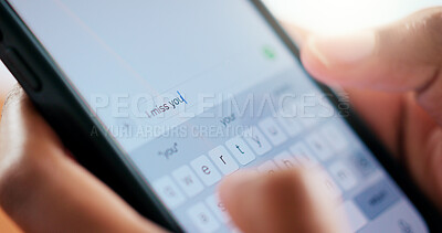 Buy stock photo Hands, person and phone screen for typing chat, communication and text for missing someone. Woman, mobile and keyboard for emotional message, distant contact and caring words of notification response
