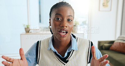 Buy stock photo Remote work, black woman or talk on video call with portrait, online conference or virtual interview. POV, freelancer and communication on webinar with meeting for hiring or recruitment in home