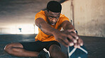 Athlete, black man and stretching legs outdoor for fitness, exercise and preparation for training. Male person, warm up and runner getting ready for sports workout, flexibility and marathon practice