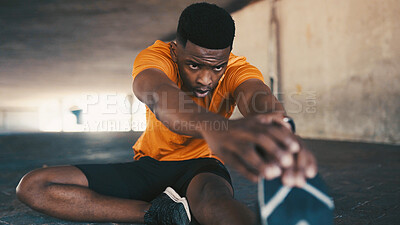 Buy stock photo Athlete, black man and stretching legs outdoor for fitness, exercise and preparation for training. Male person, warm up and runner getting ready for sports workout, flexibility and marathon practice