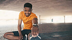 Athlete, black man and stretching outdoor for fitness, exercise and preparation for training. Male person, warm up legs and runner getting ready for sports workout, flexibility and marathon practice