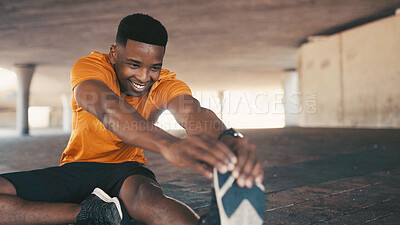 Buy stock photo Black man, city and stretching legs for training, warm up and road for cardio preparation. Male person, urban town and athlete for sports, workout and getting ready for exercise or activity outdoor
