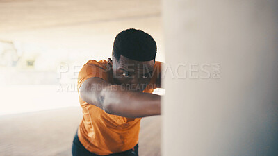 Buy stock photo Black man, city and stretching for training, warm up and road for cardio preparation. Male person, urban town and athlete for sports, workout and getting ready for exercise or activity outdoor