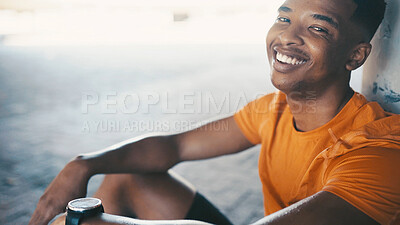 Buy stock photo Portrait, athlete and man with smile, outdoor and break for training routine, exercise and wellness. Space, runner and black person with fitness for marathon, rest and healthy with workout in Nigeria