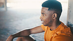 Athlete, black man and rest from fitness in city of exercise, cardio training and recovery break. Exhausted, male person and relax with fatigue, sport workout and burnout of marathon practice outdoor