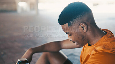 Buy stock photo Smile, black man and rest from fitness in city of exercise, cardio training and recovery break. Thinking, male person and relax with fatigue, sport workout and breathing for marathon practice outdoor