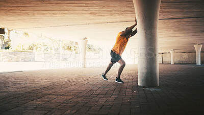 Buy stock photo Black man, city and stretching for fitness, warm up and road for cardio preparation. African person, urban space and athlete for sports, workout and getting ready for exercise or activity outdoor