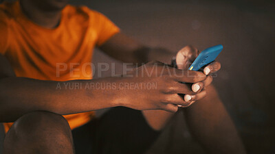 Buy stock photo Fitness break, hands or man with phone outdoor for workout rest, text message or training research. Athlete, person and relax with smartphone for browsing social media, exercise pause or wellness app