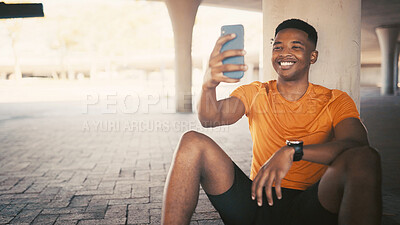 Buy stock photo Smile, selfie and fitness with black man in city for social media, workout post and training picture. Photography, exercise and sports athlete with person outdoor for runner, wellness and health