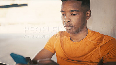 Buy stock photo Fitness, man or break with phone outdoor for workout pause, text message and wellness research. Athlete, black person and smartphone for social media update, exercise rest and training app with space