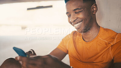 Buy stock photo Fitness, man or relax with phone outdoor for workout break, text message or reading notifications. Happy athlete, black person or smartphone for social media, exercise rest or training app with space