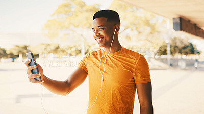 Buy stock photo Selfie, exercise and black man in city, smile and content creation with training. Outdoor, African person and profile picture with fitness, influencer and healthy with video call, memory and wellness