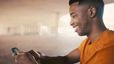 Buy stock photo Happy, black man and fitness with phone for social media, sport app or monitoring performance. Active, male person or break with smile on mobile smartphone for urban workout schedule or routine