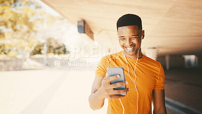 Buy stock photo Selfie, workout and black man in city, smile and content creation with training, calm and wellness. Outdoor, African person and profile picture with confidence, influencer and exercise with health