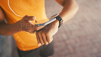 Buy stock photo Phone, smart watch and workout with hands of man in city for exercise app, performance sync and steps monitor. Pace tracker, athlete stats and heart rate check with above of person outdoor for cardio