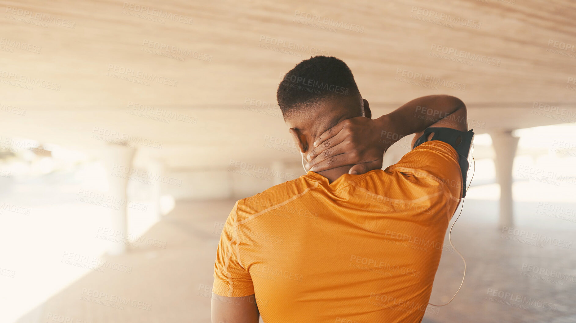 Buy stock photo Fitness, man or neck pain injury outdoor with tension, workout accident or inflammation. Athlete, back of person or earphones with muscle ache from training, poor technique or strain in parking space