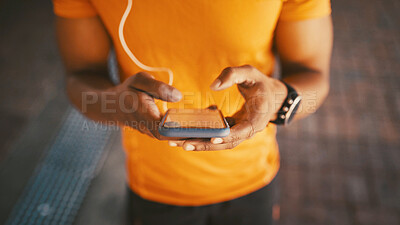 Buy stock photo Fitness, phone and hands of man in city for workout app, performance tracking and contact. Communication, exercise stats and training guide with above of person for research, wellness and check