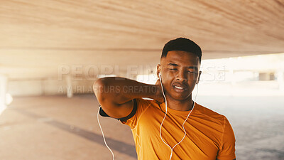 Buy stock photo Exercise, man and neck pain injury outdoor with discomfort, workout strain and inflammation. Athlete, black person and muscle ache with earphones from training, sore joint or tension in parking space