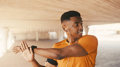Buy stock photo Fitness, earphones and stretching with black man in city for workout podcast, streaming service and start. Exercise radio, wellness subscription and muscle warm up with person outdoor for health
