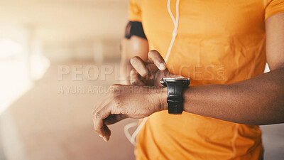 Buy stock photo Hands, training and man in city, smart watch and tracking workout with progress. Closeup, person and athlete with health stats, challenge and exercise with sports, fitness and app to check time