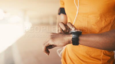Buy stock photo Hands, fitness and man in city, smart watch and tracking workout with progress. Closeup, person and athlete with health stats, challenge and training with space, performance and app to check time