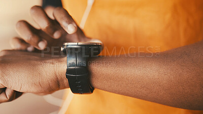 Buy stock photo Hands, training and man with wellness, smart watch and tracking workout with progress. Closeup, person and athlete with health stats, challenge and fitness with sports, performance and digital app