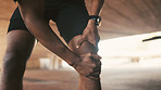 Fitness, hands or man with knee pain injury outdoor from training, workout accident or inflammation. Athlete, person and joint ache in parking space from exercise, torn ligament or muscle imbalance