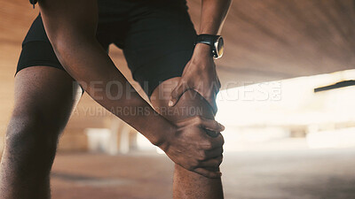 Buy stock photo Fitness, hands or man with knee pain injury outdoor from training, workout accident or inflammation. Athlete, person and joint ache in parking space from exercise, torn ligament or muscle imbalance