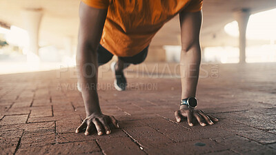 Buy stock photo Hands, athlete and pushup with person outdoor for fitness, exercise and strength training. Man, weightlifting and floor for sports workout, resilience performance and body balance for power challenge