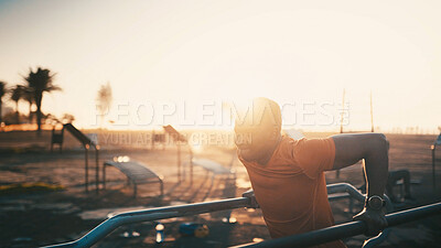 Buy stock photo Athlete, black man and pull up on machine outdoor for fitness, exercise and strength training. Male person, lens flare and weightlifting with equipment, sports workout and performance for wellness