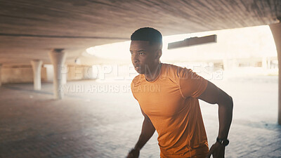 Buy stock photo Athlete, black man and running for fitness outdoor for exercise, cardio training and performance. Male person, runner and sports workout for endurance, marathon practice and prepare for competition