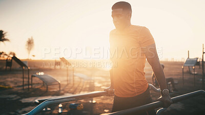 Buy stock photo Athlete, black man and pull up on machine at park for fitness, exercise and strength training. Male person, lens flare and weightlifting with equipment, sports workout and performance for wellness