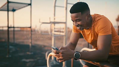 Buy stock photo Fitness, phone and smile with black man in park for workout app, performance tracking and contact. Communication, exercise stats and training guide with person for research, wellness and check